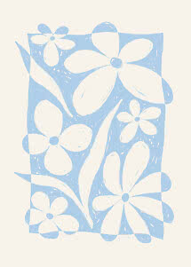Abstrakt blomsterillustration i lyseblå og hvid med store kronblade og blade