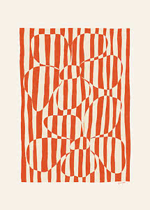Abstracte poster met oranje verticale strepen en organische bloemvormen op lichte achtergrond
