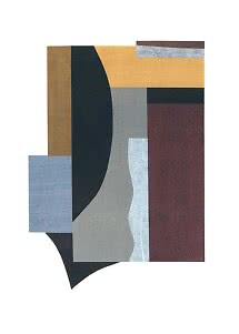 Abstract wall art with geometric shapes in ochre, gray, light blue, burgundy, and black