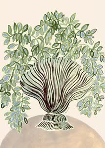 Illustration of a green striped vase with trailing green and pale blue leaves on a beige background