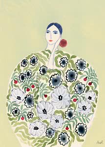 Illustration af kvinde i blomstrende kåbe med blå og hvide blomster på lysegrøn baggrund