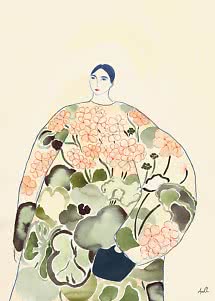 Modeillustration af kvinde i blomstrede, voluminøse ærmer og grøn mønstret kjole.