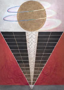 Opera astratta con cerchio dorato, anelli colorati e triangolo nero su sfondo rosso