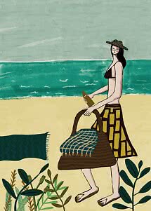 Illustration of woman on beach with straw hat, large bag and bottle by the sea