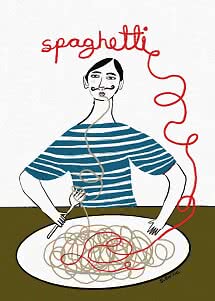 Illustration af moustachemand i stribet trøje, der spiser spaghetti ved et bord