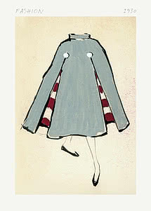 Modeillustration von 1930 mit hellblauem Mantel, weiten Ärmeln und rot-weißem Futter