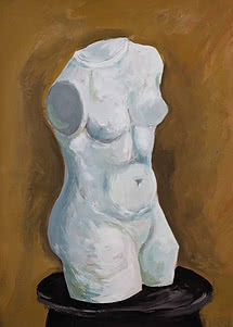 Painting of a white headless female torso on a black pedestal against a brown background