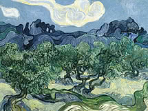 Expressive painting of olive trees, rolling hills, and bright clouds in blue and green tones