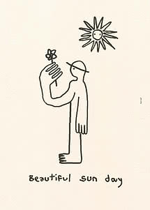 Minimalistisk stregtegning af person med blomst i hånden under en sol, med teksten "Beautiful sun day"