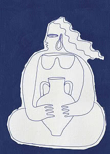 Dibujo estilizado blanco de una mujer sentada con un jarrón sobre fondo azul