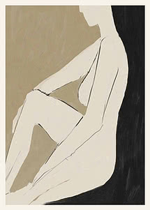 Abstract figurative artwork of a seated woman in beige, white and black