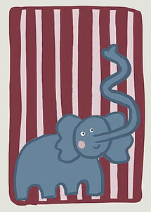 Blå tegnet elefant med løftet snabel foran bordeaux og lyserøde striber