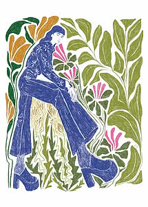 Illustration af kvinde i blåt outfit og plateaustøvler omgivet af store grønne blade og pink blomster