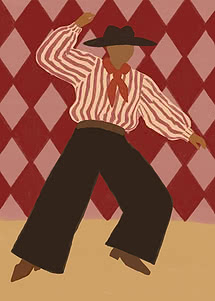 Una figura in camicia a righe, pantaloni neri e largo cappello nero colta a metà passo davanti a un muro arlecchino rosso e rosa polveroso