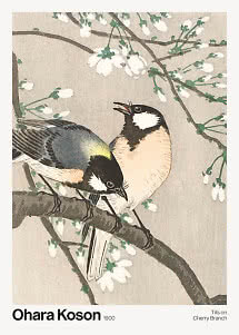 Affiche d’art japonaise avec deux mésanges sur une branche de cerisier en fleurs, Ohara Koson 1900