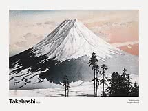 Poster met Japanse landschapsprent van besneeuwde berg en dennen bij zonsondergang
