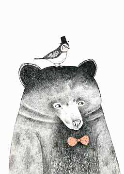 Illustration of a bear with an orange bow tie and a small bird in a top hat on its head