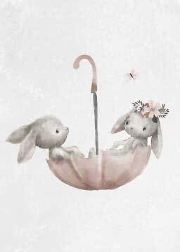 Illustration of two bunnies in a pink umbrella, one with a flower crown and a butterfly above