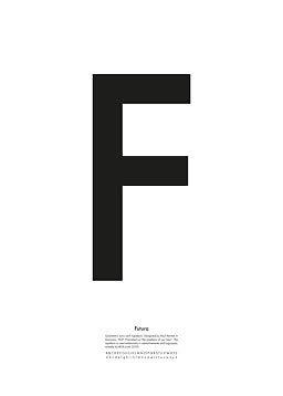 Affisch med stor svart bokstav F och text om typsnittet Futura på vit bakgrund