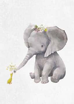 Akvarel af lille grå elefant med blomsterkrans, der rækker en kvist til en gul and.