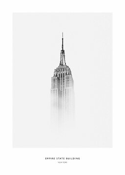 Schwarz-weißes Poster des Empire State Building im Nebel mit Schriftzug New York