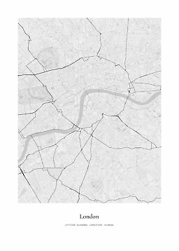 Minimalistisches schwarz-weißes Stadtplan-Poster von London mit Themse und Koordinaten unten