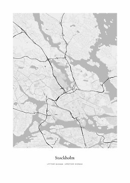 Schwarz-weiße Stadtkarte von Stockholm mit Straßen, Wasserflächen und Koordinaten unten