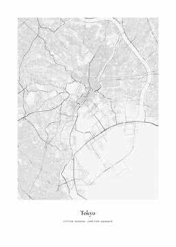 Minimalistisches schwarz-weißes Stadtplan-Poster von Tokio mit Straßennetz und Ufer.
