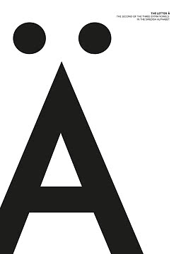 Minimalistisches Poster mit großem schwarzem Buchstaben Ä auf weißem Hintergrund und kleinem Text oben.