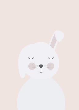 Minimalistisk illustration af hvid kanin med lukkede øjne på lys beige baggrund