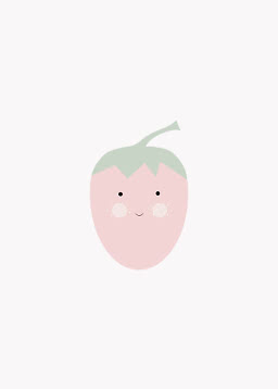 Niedliche rosa Erdbeer-Illustration mit Gesicht und grünem Blatt auf hellem Grund