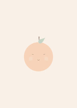 Minimalistische illustratie van een perzik met lief gezichtje op lichtbeige achtergrond
