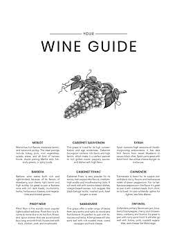 Plakat med teksten "Your Wine Guide", drueillustration og oversigt over rødvinsdruer og madparringer