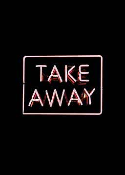 Lyserødt neonskilt med teksten "TAKE AWAY" på sort baggrund