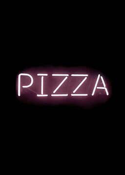 Pink neon sign reading PIZZA on a black background