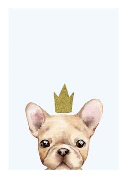Aquarel van een Franse bulldog met gouden kroon op lichtblauwe achtergrond