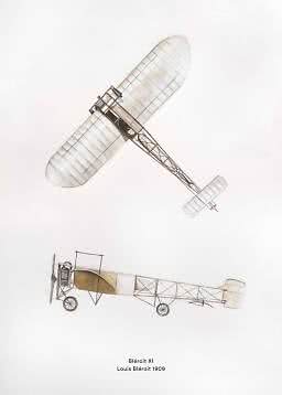 Ilustración de un avión Blériot XI visto desde arriba y de lado, con texto Louis Blériot 1909