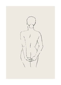 Minimalist line drawing of a nude woman from behind on a beige background