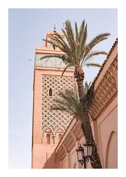 Palm tree in front of an ornate tower with arches under a clear blue sky