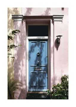 Blue front door in a pink facade with wall light, plants, and leaf shadows