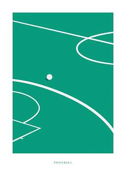 Poster minimalista di un campo da calcio verde con linee bianche e palla bianca