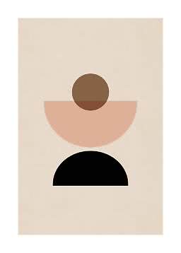 Abstrakt plakat med brun cirkel og rosa samt sort halvcirkel på beige baggrund