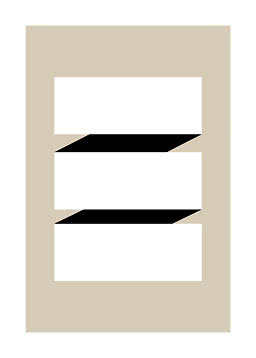 Abstraktes geometrisches Poster mit drei weißen Balken und schwarzen diagonalen Formen auf Beige