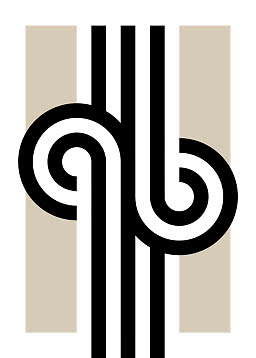 Abstrakt sort-hvidt mønster med beige lodrette felter og spiralformer