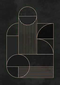 Poster geometrico astratto con archi, cerchi e linee beige su sfondo scuro