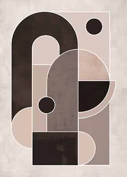 Abstrakte geometrische Wandkunst mit Bögen, Kreisen und Flächen in Beige, Taupe und Dunkelbraun