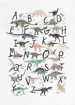 Alphabet poster with A-Z and colorful dinosaurs, flying reptiles and footprints on a light background