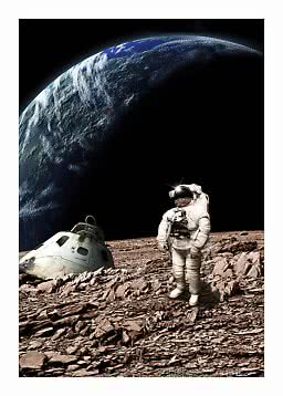 Astronaut on a rocky moon surface beside a space capsule, with Earth looming in the background.