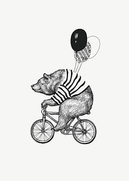 Schwarz-weiße Illustration eines Bären auf einem Fahrrad mit gestreiftem Pullover und drei Ballons