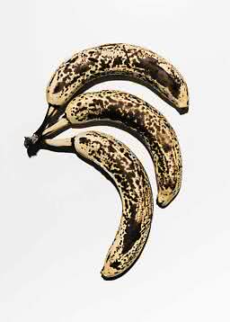 Drei reife Bananen mit dunklen Flecken auf weißem Hintergrund